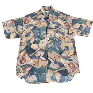 Vintage City Streets 90s Abstract Print 100% Silk Button-Up Shirt M – (FLAW)
